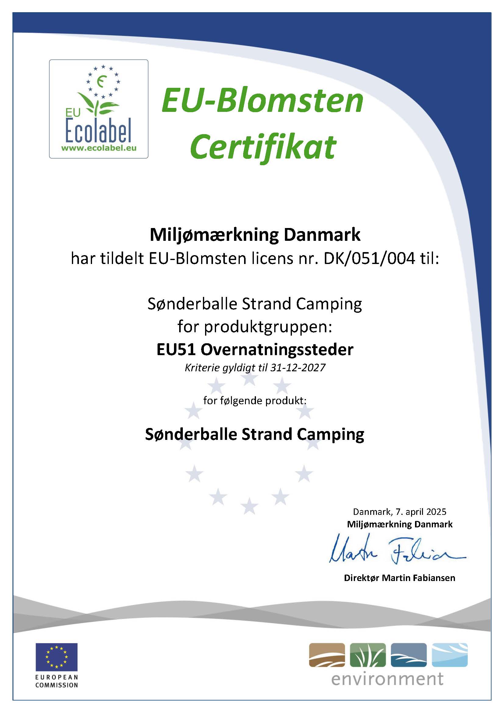 Certifikat DK051004 billede Ecolabel certifikat sønderballe strand camping